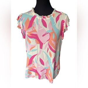Emily Wonder Retro Print Ruffle Neck Flutter Sleeve Blouse, Small, 100% Rayon